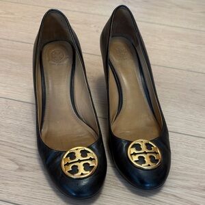 Tory Burch Black Heels with Gold Emblem